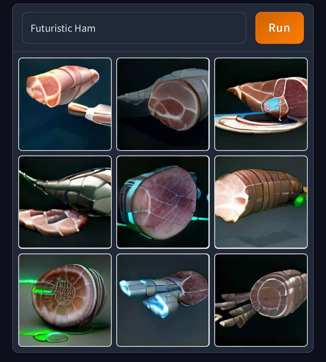 The meme is an image of a futuristic, high-tech ham slicer with a robotic arm and a ham being sliced into thin pieces. The text "Futuristic Ham" appears at the top of the image, and the "Run" button is at the bottom. The image is meant to be humorous, implying that a high-tech, advanced device is being used to slice a simple, everyday food like ham.